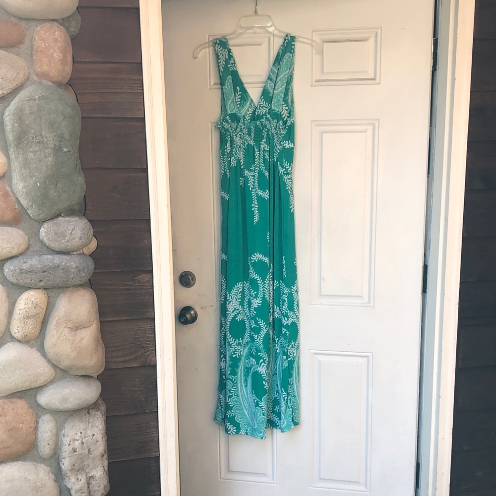 Sleeveless Teal Twist-Front Maxi Dress with White Print - Picture 3 of 7